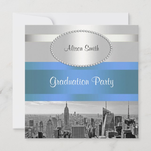 Invitación NYC Skyline BW 05 White Blue 2 Invite a graduación (Anverso)