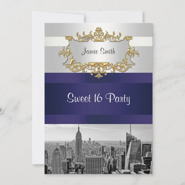 Invitación NYC Skyline BW 05 White Navy Blue Sweet 16 Invite (Anverso)
