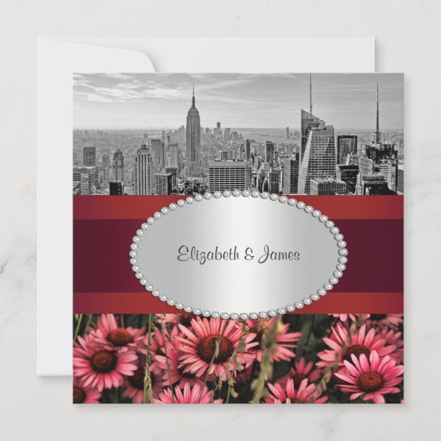 Invitación NYC Skyline BW 1A Flores de alta línea 1 Boda (Anverso)