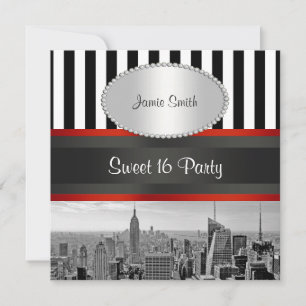 Invitación NYC Skyline BW Black Stripe P Sweet 16 Fiesta