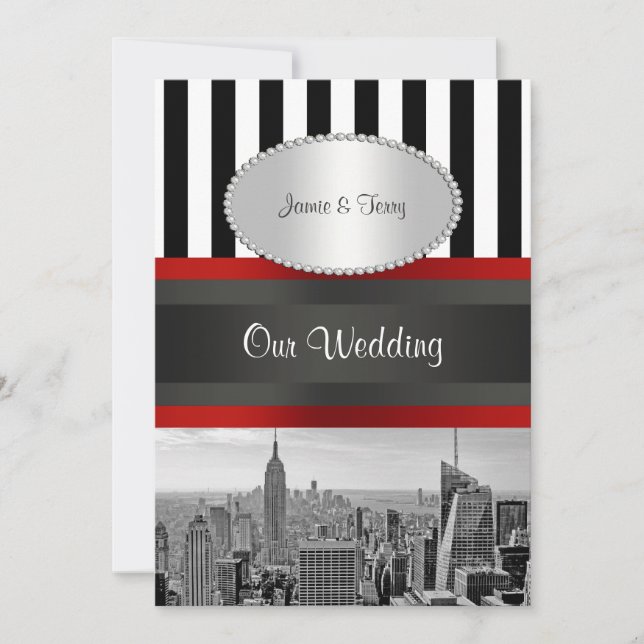 Invitación NYC Skyline BW Black White Stripe 2P Boda (Anverso)