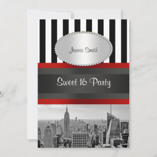 Invitación NYC Skyline BW Black White Stripe 2P Sweet 16