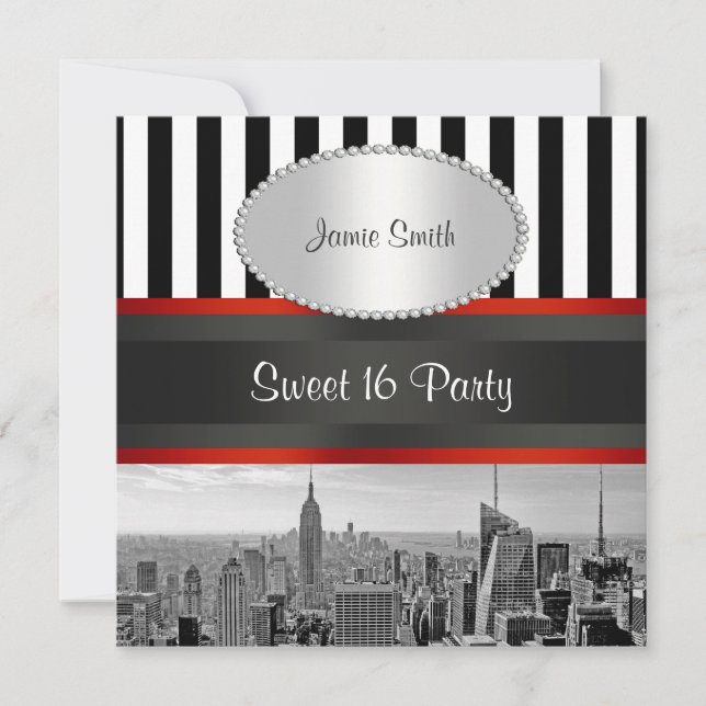 Invitación NYC Skyline BW Black White Stripe P Sweet 16 Fiest (Anverso)