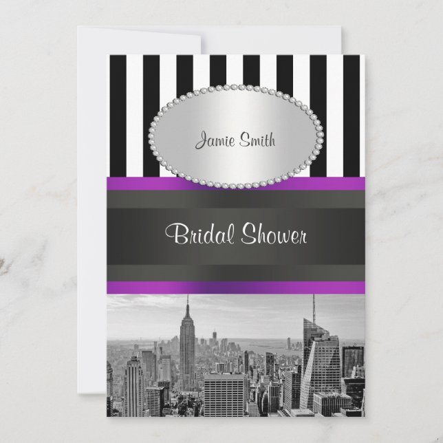 Invitación NYC Skyline BW Blk Whp Strp Purple P Bridal Shower (Anverso)