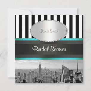 Invitación NYC Skyline BW Blk Whp Strp Verde azulado P Bridal