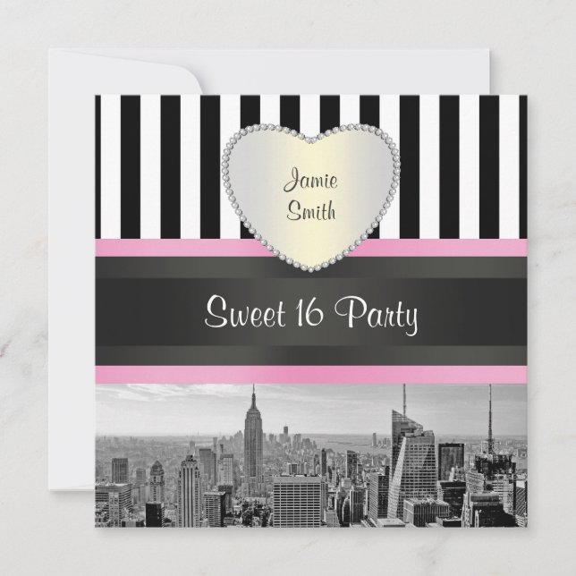 Invitación NYC Skyline BW Blk Wht Strp Pink H Sweet 16 Fiesta (Anverso)