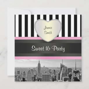 Invitación NYC Skyline BW Blk Wht Strp Pink H Sweet 16 Fiesta