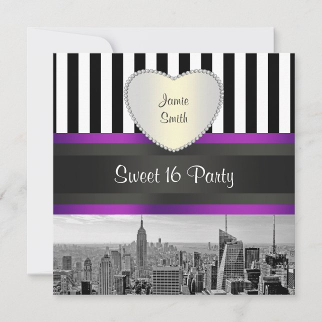 Invitación NYC Skyline BW Blk Wht Strp Purpl H Sweet 16 Fiest (Anverso)
