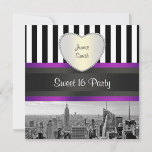 Invitación NYC Skyline BW Blk Wht Strp Purpl H Sweet 16 Fiest