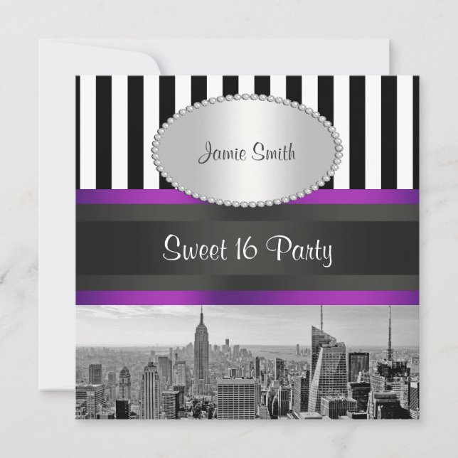 Invitación NYC Skyline BW Blk Wht Strp Purpl P Sweet 16 Fiest (Anverso)