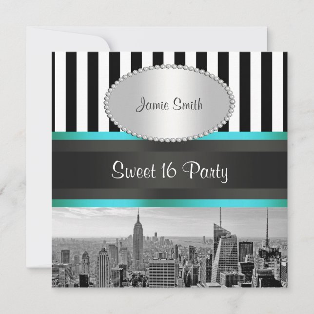 Invitación NYC Skyline BW Blk Wht Strp Verde azulado P Sweet  (Anverso)