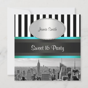 Invitación NYC Skyline BW Blk Wht Strp Verde azulado P Sweet 