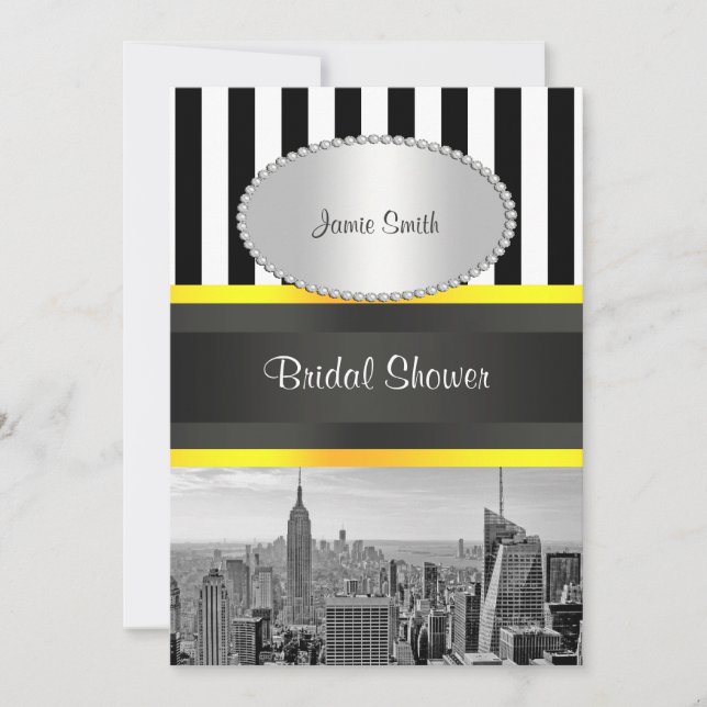 Invitación NYC Skyline BW Blk Wht Strp Yellow P Bridal Shower (Anverso)