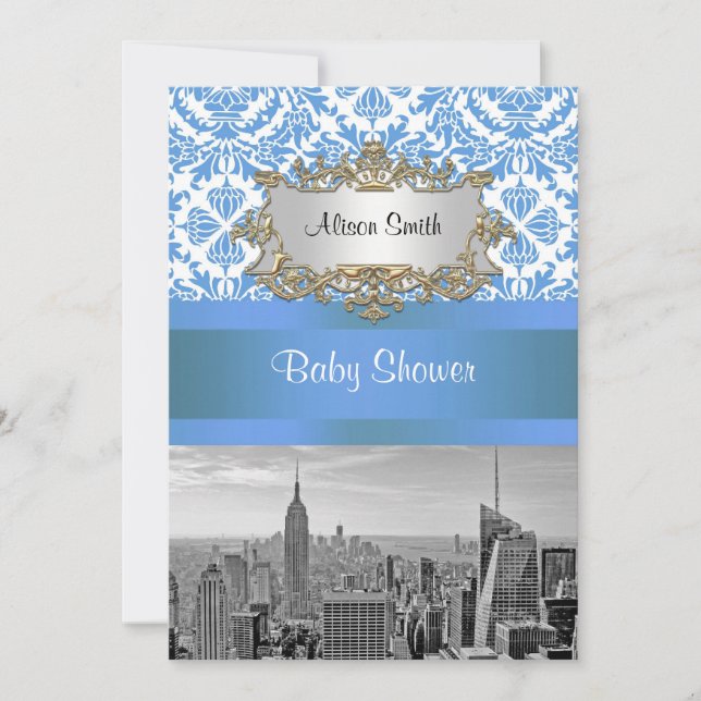 Invitación NYC Skyline BW D4 Damask Baby Shower Invite V (Anverso)