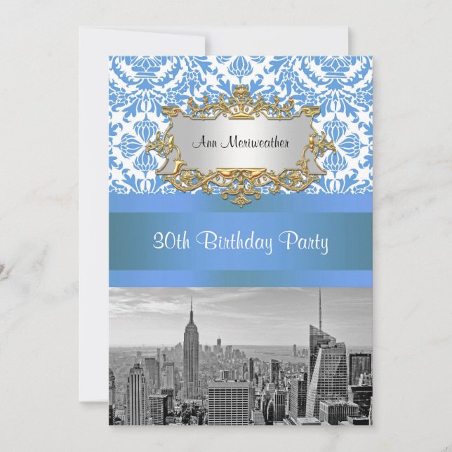 Invitación NYC Skyline BW D4 Damask Birday Party V (Anverso)
