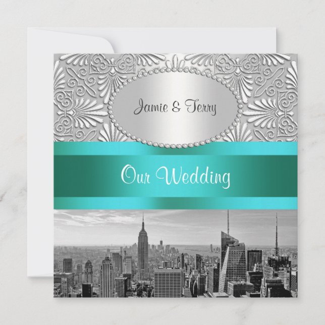 Invitación NYC Skyline BW Silver White Damask Wedding (Anverso)