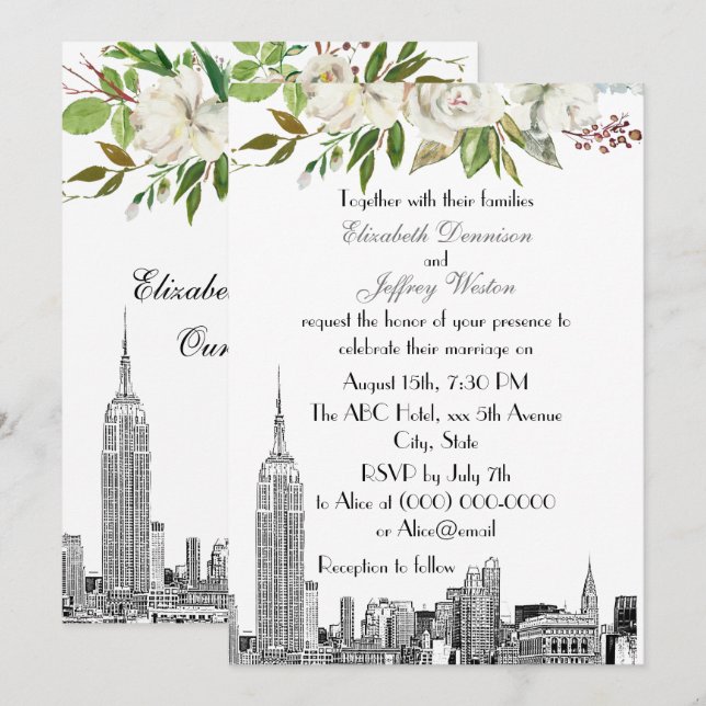 Invitación NYC Skyline ESB Boda de acuarela floral blanca (Anverso / Reverso)