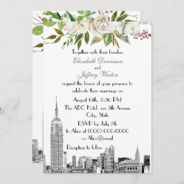 Invitación NYC Skyline ESB Boda de acuarela floral blanca