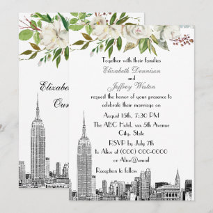 Invitación NYC Skyline ESB Boda de acuarela floral blanca
