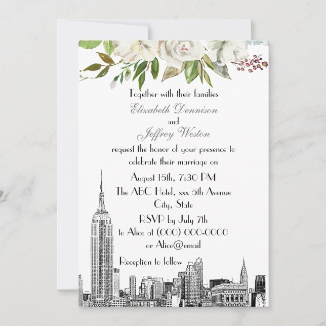 Invitación NYC Skyline ESB Boda de acuarela floral blanca #2 (Anverso)