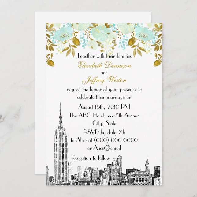 Invitación NYC Skyline ESB Boda floral Etch Mint Gold (Anverso / Reverso)