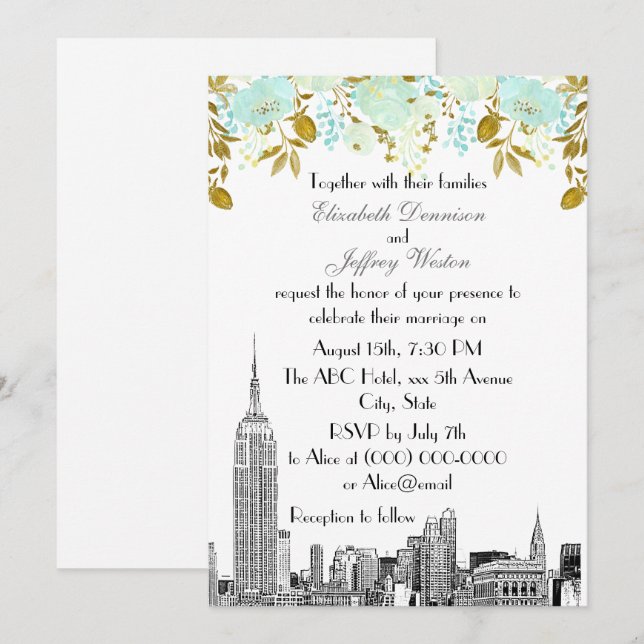 Invitación NYC Skyline ESB Boda floral Etch Mint Gold (Anverso / Reverso)