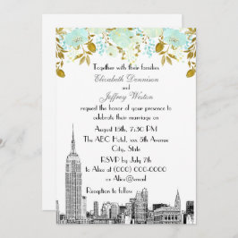 Invitación NYC Skyline ESB Boda floral Etch Mint Gold