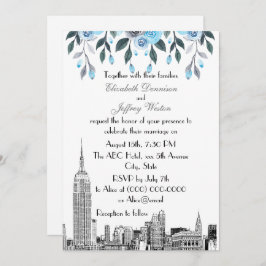 Invitación NYC Skyline ESB Etch Blue Gray Floral Boda