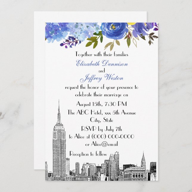 Invitación NYC Skyline ESB Etch Blue Yellow Floral Boda (Anverso / Reverso)