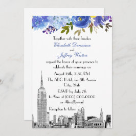 Invitación NYC Skyline ESB Etch Blue Yellow Floral Boda