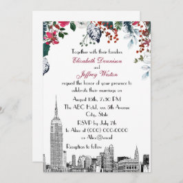 Invitación NYC Skyline ESB Etch Burg Blu Green Floral Boda