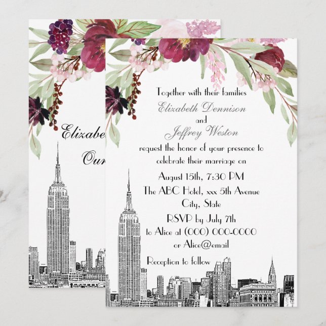 Invitación NYC Skyline ESB Etch Burgundy Boda Floral Rosa (Anverso / Reverso)