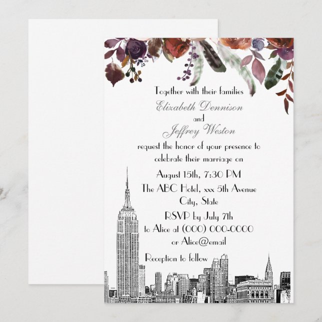 Invitación NYC Skyline ESB Etch Burgundy Plum Floral Boda (Anverso / Reverso)