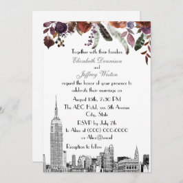 Invitación NYC Skyline ESB Etch Burgundy Plum Floral Boda