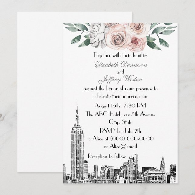 Invitación NYC Skyline ESB Etch Lt Boda Floral gris rosado (Anverso / Reverso)