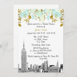 Invitación NYC Skyline ESB Etch Mint Gld Floral Bridal Shower