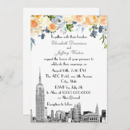 Invitación NYC Skyline ESB Etch Peach Blues Boda Floral