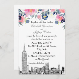Invitación NYC Skyline ESB Etch Pink Blue Floral Boda