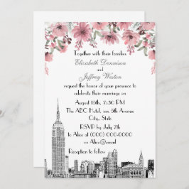 Invitación NYC Skyline ESB Etch Pink Floral Boda