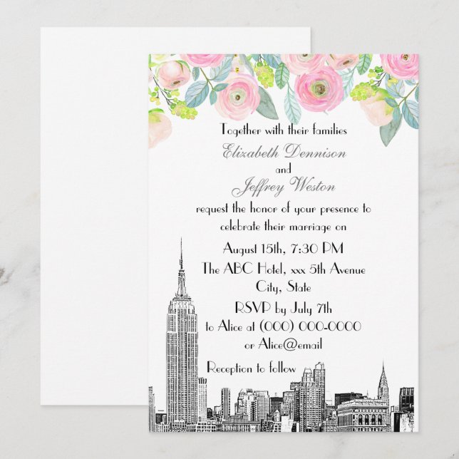 Invitación NYC Skyline ESB Etch Pink Ranunculus Boda de flore (Anverso / Reverso)