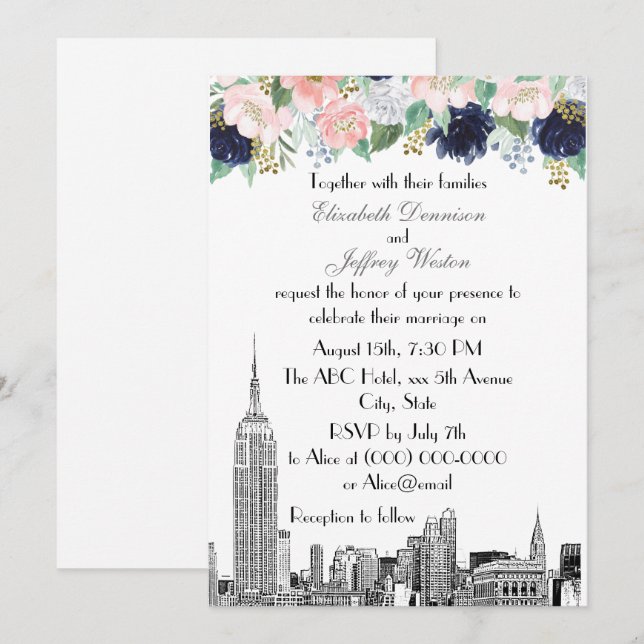 Invitación NYC Skyline ESB Etch Pink Whats Blue Gold Floral (Anverso / Reverso)