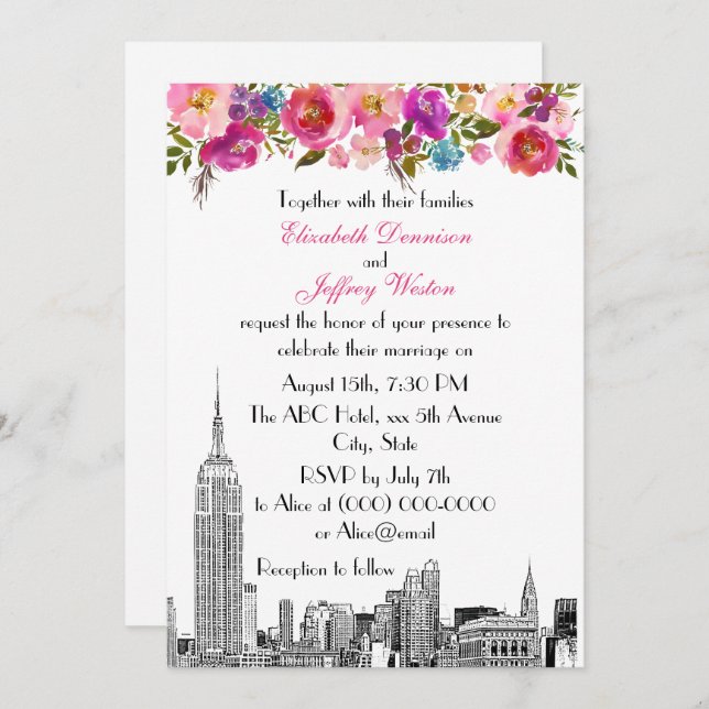 Invitación NYC Skyline ESB Etch Spring Pink Floral Boda (Anverso / Reverso)