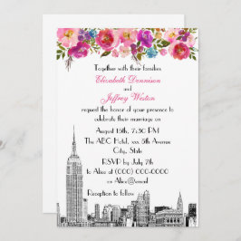 Invitación NYC Skyline ESB Etch Spring Pink Floral Boda