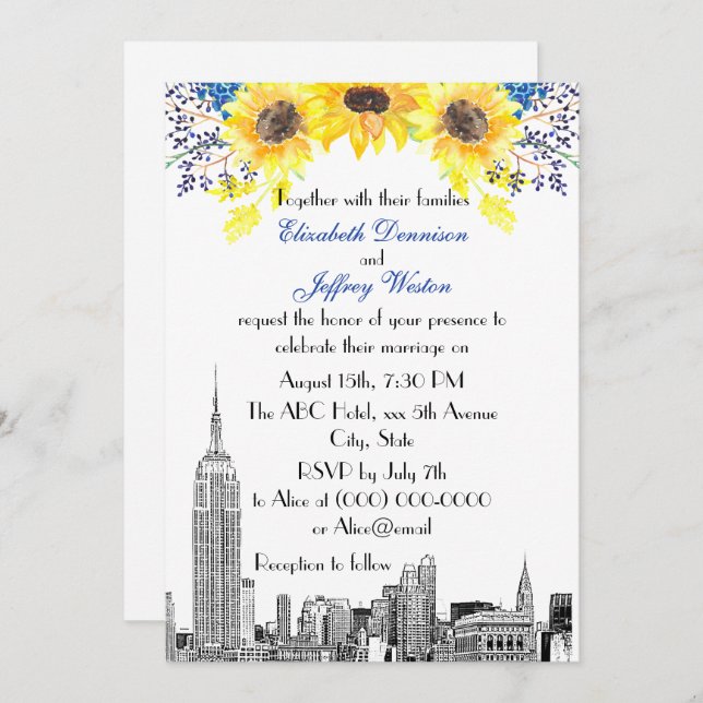 Invitación NYC Skyline ESB Etch Sunflower #2 Boda floral (Anverso / Reverso)