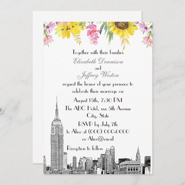 Invitación NYC Skyline ESB Etch Sunflower Pink Flower Boda (Anverso / Reverso)