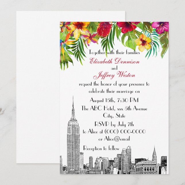 Invitación NYC Skyline ESB Etch Tropical Floral Boda (Anverso / Reverso)