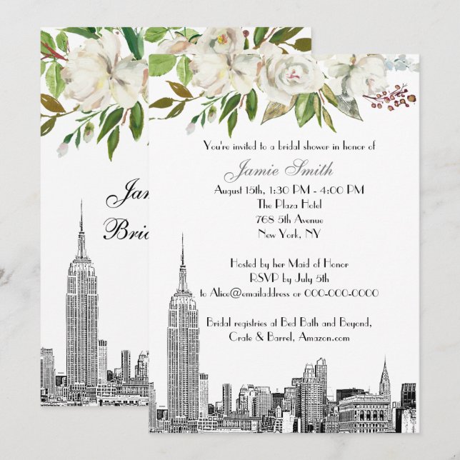 Invitación NYC Skyline ESB Etch White Floral Bridal Shower (Anverso / Reverso)