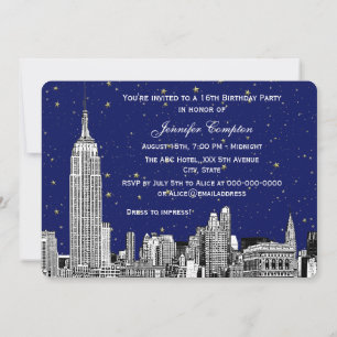 Invitación NYC Skyline Etch Estelar Marina BG SQ Dulces 16 H