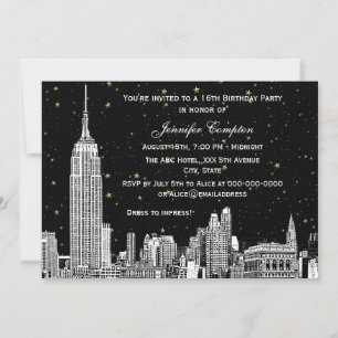 Invitación NYC Skyline Etch Starry DIY BG Color SQ Sweet 16 H