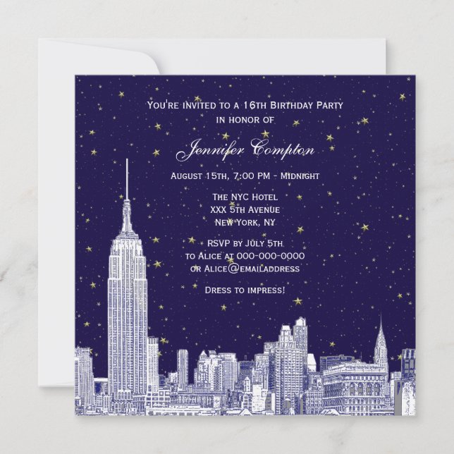 Invitación NYC Skyline Etch Starry DIY BG Sweet 16 SQ #2 (Anverso)